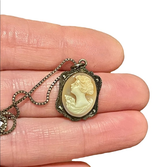 Antique 800 sterling silver shell cameo marcasite necklace Marcasite - Picture 9 of 12